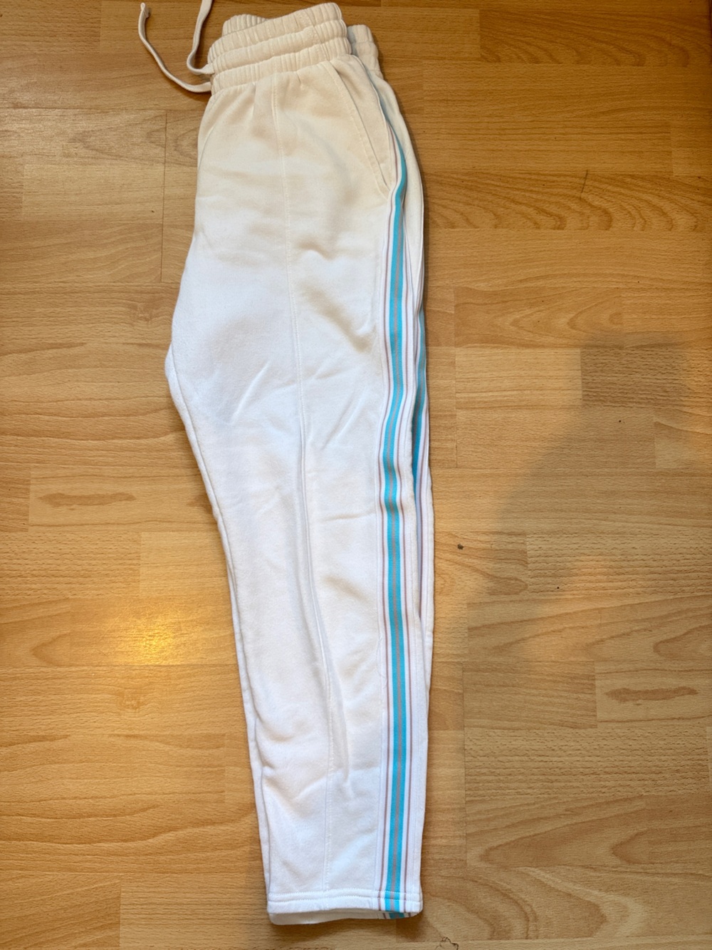 Aritzia TNA White Joggers with Blue & Teal Side Stripes
